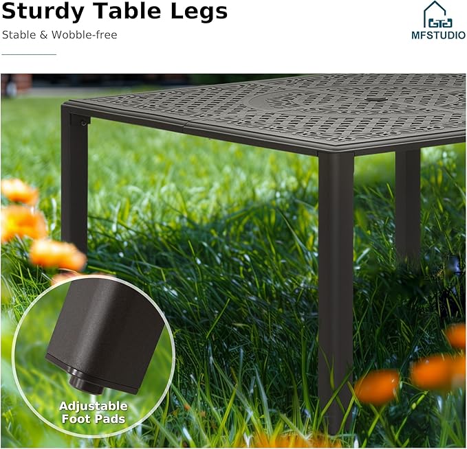 MFSTUDIO Cast Aluminum Outdoor Dining Table, 53" Square Patio Table with Umbrella Hole, Metal Aluminum Patio Dining Table for 8