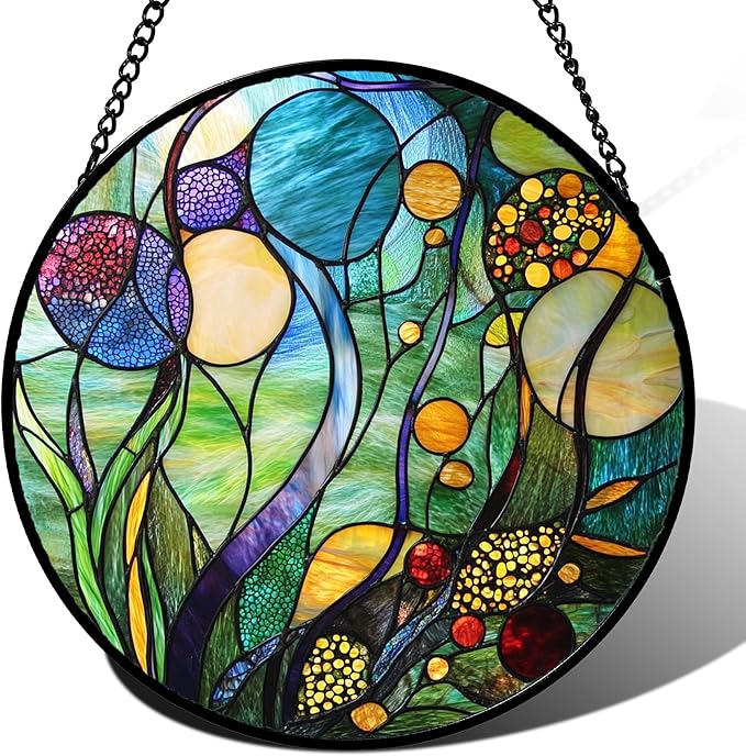 QZQCBLC Stained Glass Window Hanging Blue Ocean Water Plants Flower Large 15" - Suncatcher Door Garden Sun Catcher Home Decor Birthday Christmas for Mom Men Woman Nana Friend