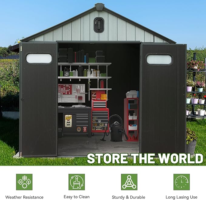 8X10FT Outdoor Resin Storage Shed, Waterproof Plastic Garden Shed with Lockable Door, Windows & Vents, Outside Storage Tool Shed for Patio Furniture, Lawn Mower, Bike