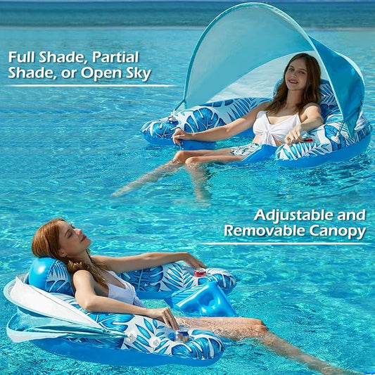 Jasonwell Pool Float with Canopy - Inflatable Pool Floaties Adult Floating Pool Chair Lounge Floats for Swimming Pool Water Chair Pool Lounger with Cup Holders Pool Toy Party Floaty for Adults