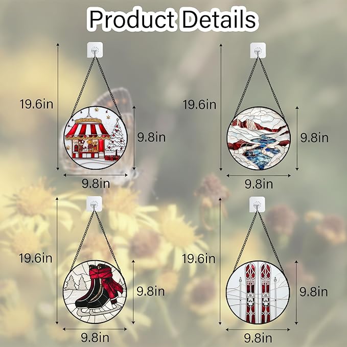 AMDERVEN Stained Glass Window Hanging 4 Pcs Set Winter Skiing Red Christmas House 9.8" - Suncatcher Door Garden Sun Catcher Decor Birthday Mother's Day for Mom Woman Nana Friend