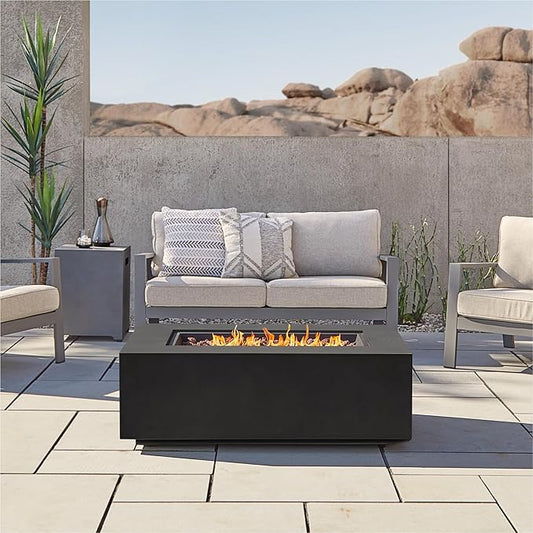 Real Flame Aegean 42in Rectangle Propane or Natural Gas Fire Pit Table, 50,000 BTU, Powder-Coated Steel, Push-Button Ignition, CSA Certified, Lava Rock, Storage Cover, Stainless Steel Burner with Lid