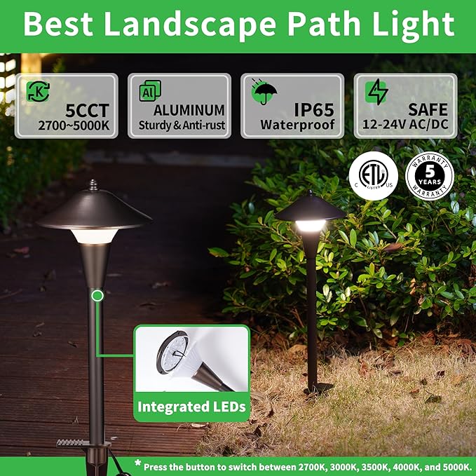 Varmtalys Pathway Landscaping Lighting, Low Voltage 5cct Modes Garden Path Light LED 12V, Outdoor Waterproof Sidewalk Lights, 5W 200LM Oil Rubbed Bronze Aluminum for Outside Walkways Yard (12 Pack)