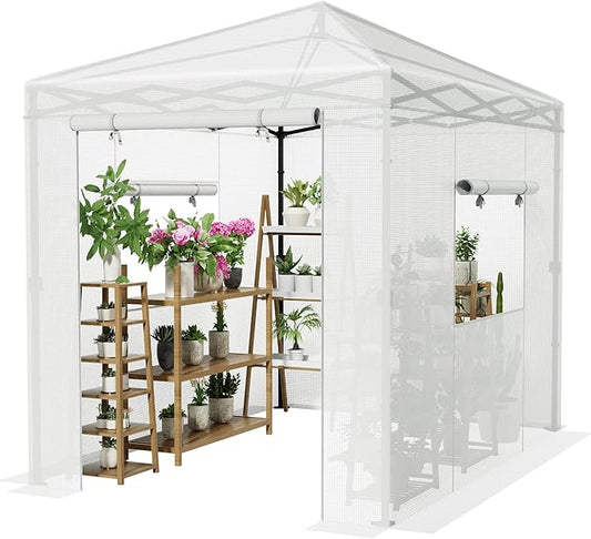 Greesum 8x6 FT Portable Pop-up Greenhouse with Center Lock, PE Cover, Zippered Door and 2 Roll-up Windows, Easy Assemble(White)