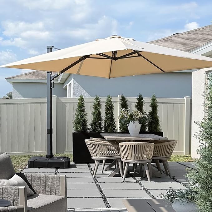 PURPLE LEAF 10 FT Cantilever Umbrella with Base Square Large Aluminum Outdoor Offset Patio Umbrella with 360° Rotation for Pool Garden Deck Backyard Beige