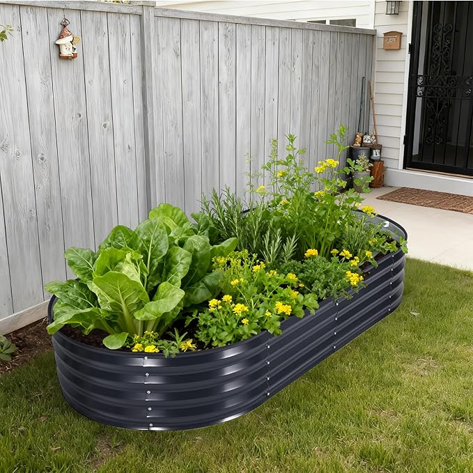 Oval Galvanized Raised Garden Bed Kit with Zippered PVC Cover, Easy Assembly, Thick Metal Outdoor Planter Box for Vegetables, Flowers, Patio Gardening, Grey