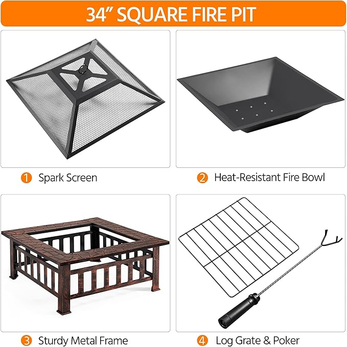 Yaheetech Fire Pit 34in Outdoor Fire Pits Fireplace Heater Stove with Screen, Waterproof Cover & Poker for BBQ Patio Bonfire