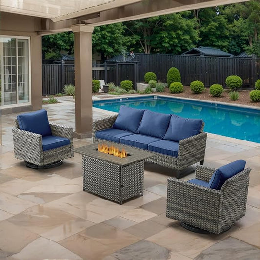 4 Piece Wicker Patio Furniture with Fire Pit Table - Outdoor Conversation Set with 50,000 BTU Fire Pit, All Weather Rattan Patio Set for Deck Backyard Garden - Grey Wicker Blue Cushion