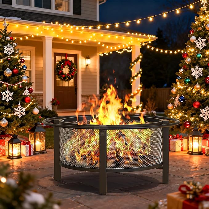 ONBRILL 2-in-1 36 Inch Fire Pit with Cooking Grill, Outdoor Wood Burning Firepit with Poker for BBQ, Bonfire, Picnic, Party, Round Metal Fire Pit for Outside, Backyard, Patio