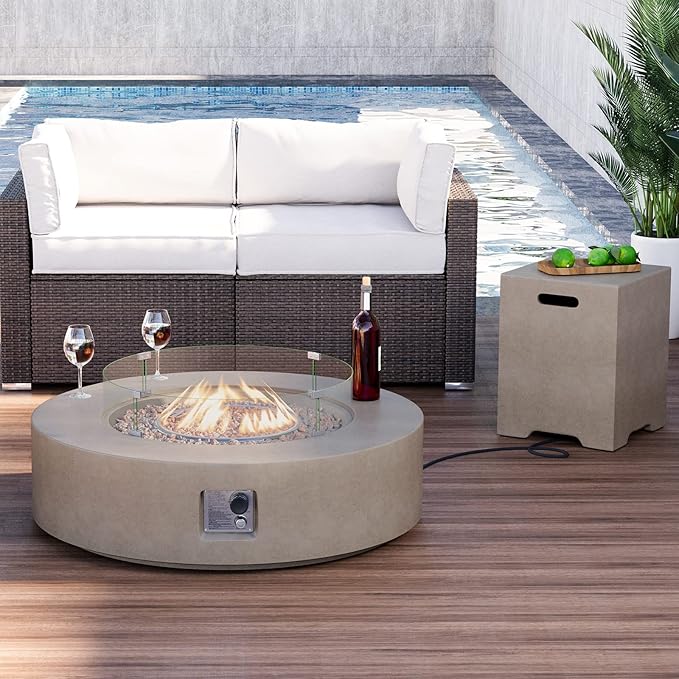 HOMPUS Outdoor Round Propane Fire Pit Table, 41''Fire Table w Wind Guard & 20lb Tank Cover Table, 50000 BTU Fire Pit w Free Waterproof Cover & Fire Stone for Patio, Garden, Grey