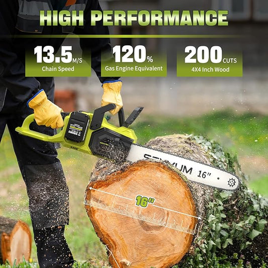 SEYVUM Cordless 40V 16 Inch Chainsaw with 2 x 4.0Ah Batteries, Electric Chain Saw with Tool-free Chain Tension, Auto Oiling, Heavy-Duty for Tree Felling, Firewood Cutting, Pruning