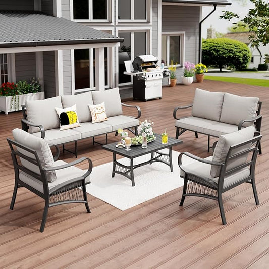 5 Piece Patio Furniture Set, 7 Seat Metal Outdoor Sectional Sofa Set with Thick Cushions, All Weather Patio Conversation Set with Coffee Table for Garden, Porch, Lawn, Beige
