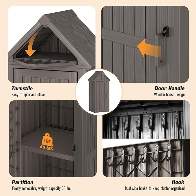 Outdoor Storage Shed with Removable Shelves, Waterproof Resin Outdoor Storage Cabinet for Small Patio, Balcony, Backyard, Vertical Storage Shed with 12 Hooks for Garden Tools, Grilling Supplies, Gray