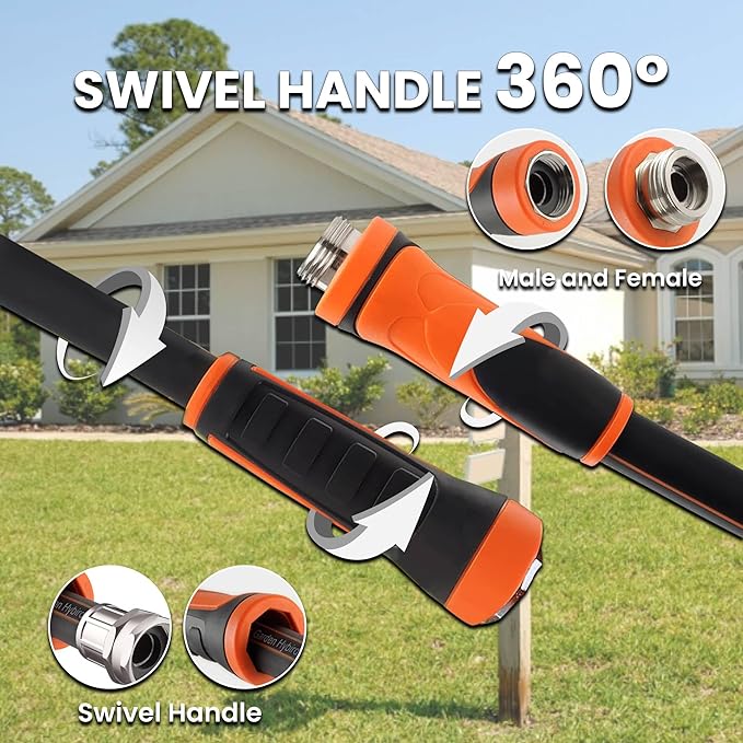 Giraffe Tools Garden Hose 50ft x 5/8", Water Hose Heavy Duty, Flexible with Hose Splitter, Nozzle and Yard Sprinkler, Lightweight Hybrid Hose with Swivel Handle, Male to Female Fittings, Burst 600 PSI