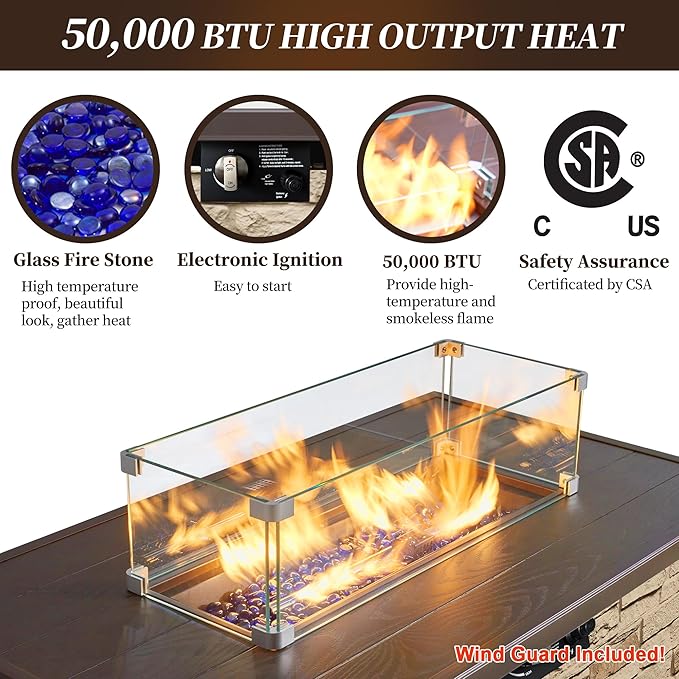 PIZZELLO 43¡± Propane Fire Pit Table Outdoor Rectangular Stone Firepit Table 50,000 Btu Propane Fire Tables for Outside Patio with Glass Wind Guard, Lid, Fire Glass Beads,Buff Rock Look
