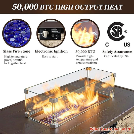 PIZZELLO 43¡± Propane Fire Pit Table Outdoor Rectangular Stone Firepit Table 50,000 Btu Propane Fire Tables for Outside Patio with Glass Wind Guard, Lid, Fire Glass Beads,Buff Rock Look