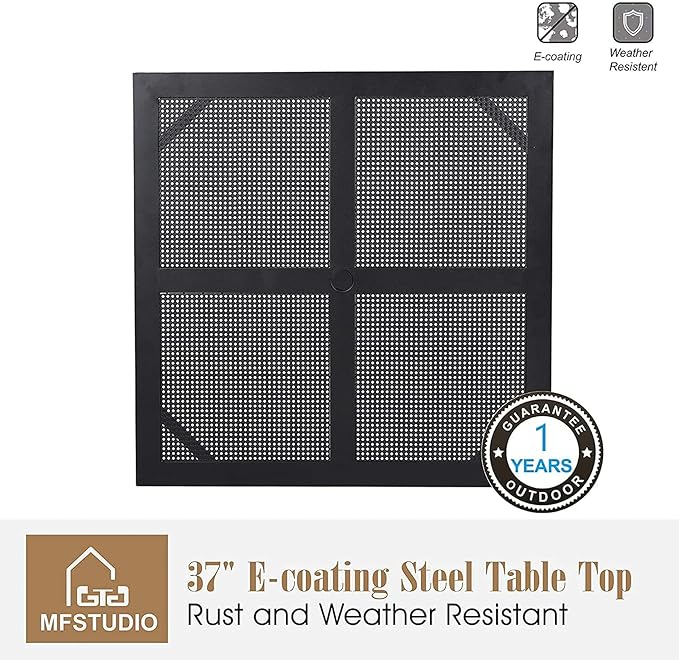 MFSTUDIO 37" x 37" Square Outdoor Dining Table Patio Bistro Table Powder-Coated Steel Frame Top Umbrella Stand Deck Outdoor Furniture Garden Table, Black