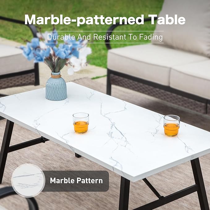 4 Piece Metal Outdoor Patio Furniture Set, Patio Conversation Sets 1 3-Seater Sofa, 2 Chairs with 5.75" Extra Thick Cushion and Coffee Table, Black Frame Backyard Furniture, Beige