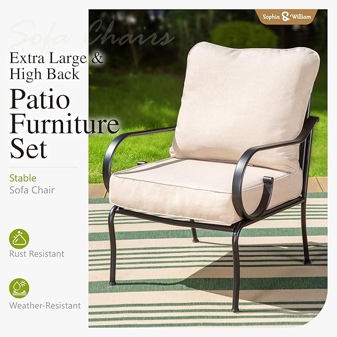 Sophia & William Patio Furniture Set Outdoor Couch Sofa, 6 Piece Outdoor Conversation Sets 7 Seat Clearance with 3-seat Sofa x 1, Rocking Chair x 2, Cushioned Chair x 2, Metal Coffee Table x 1, Beige