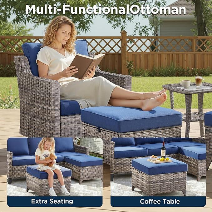 Wicker Patio Furniture Set-9 Pieces All-Weather Wicker Outdoor Furniture with Swivel Patio Chairs Outdoor Patio Conversation Sets for Garden Porch Deck Grey/Blue