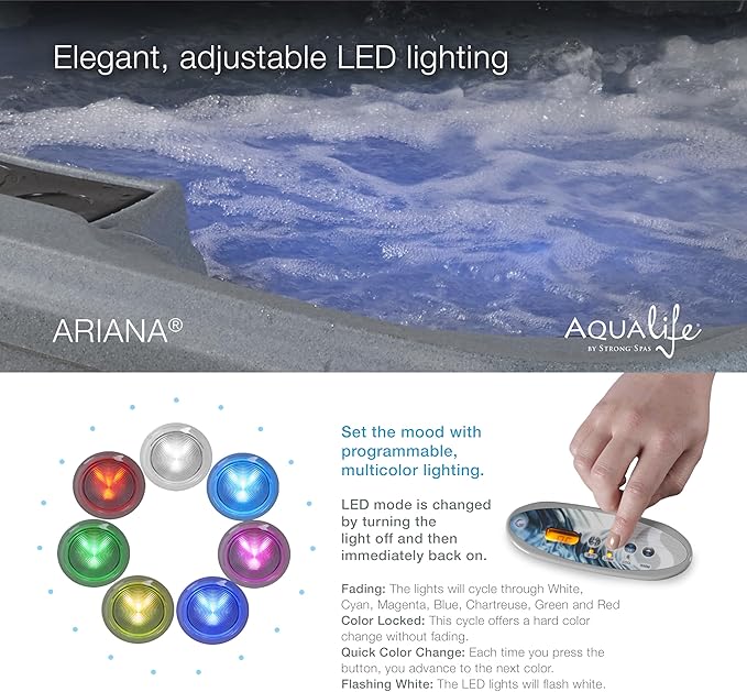 Ariana Outdoor Hot Tub, 6 Person Therapeutic Spa, 30 Jets, Underwater LED Lighting System, Insulated Spa Cover, Aqualife by Strong Spas