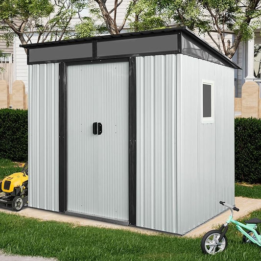 6X5 FT Outdoor Storage Shed, Waterproof Metal Garden Sheds with Lockable Door, Steel Tool Storage Buildings Shed & Outdoor Storage House for Garden, Backyard, Patio, Lawn, Trash Cans(White + Black)