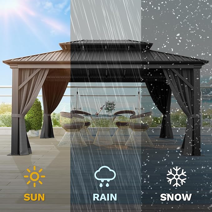 DWVO 12x16ft Gazebo Double Roof Hardtop with Nettings and Curtains, Heavy Duty Galvanized Steel Outdoor Vertical Stripes Roof for Patio, Backyard, Deck, Lawns, Grey