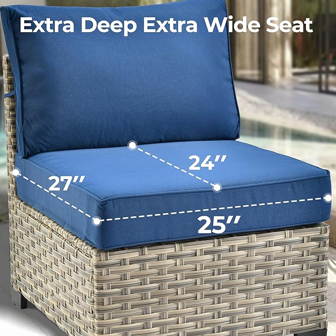 HOOOWOOO Outdoor Sectional Patio Furniture Set with Fire Pit Table,9 Pieces Wicker Conversation Sets,Extra Deep Out Door Sofa Outside Furniture Couch Swivel Chairs Ottoman,Navy Blue