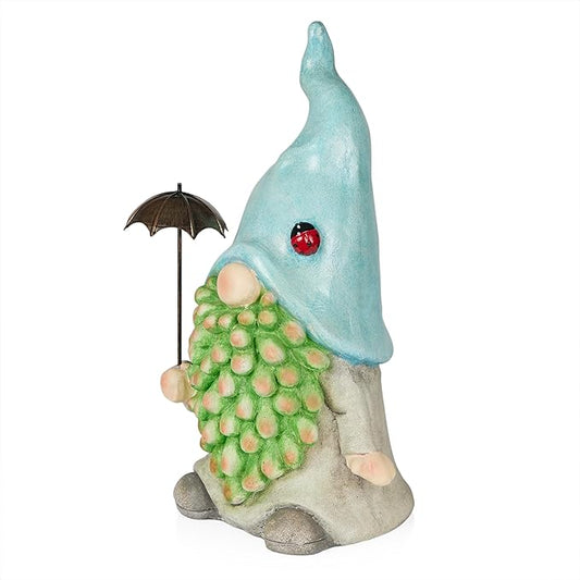 Alpine Corporation 18" Tall Outdoor Turquoise Hat Gnome Statue Holding Silver Umbrella, Playful Weatherproof Garden Decor