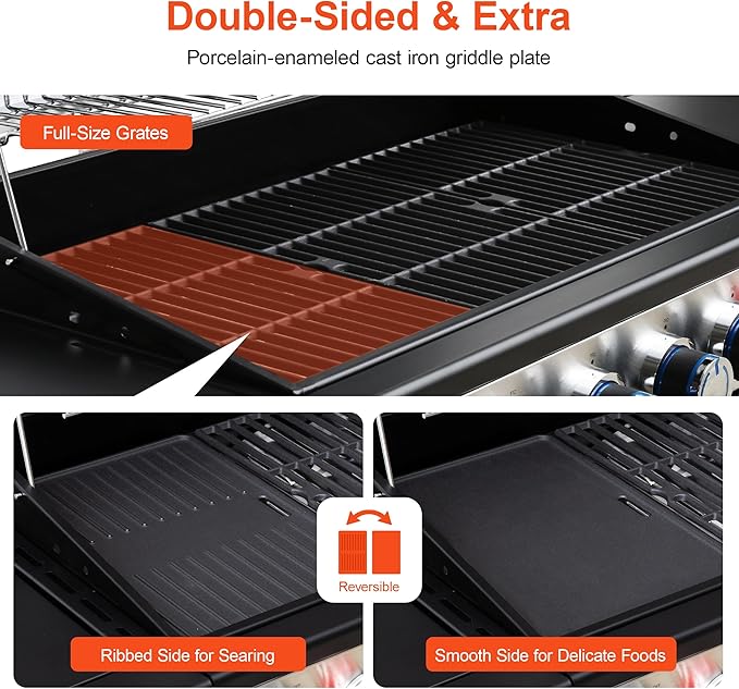 Brand-Man 6 Burner Propane Grill with Infrared Sear Side Burner & Porcelain-Enameled Cast Iron Grate and Griddle, Cabinet Style Gas BBQ Grill with Side Table for Barbecue Grilling & Backyard Cooking