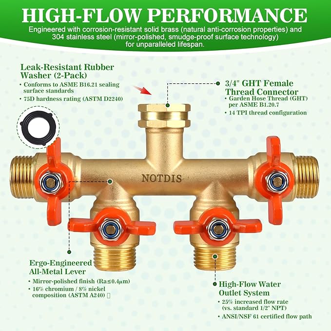 4 Way Brass Hose Splitter Full Flow with Metal Handle - Heavy Duty Spigot Splitter with Shut Off Valve, 3/4" GHT Garden Tap Connector