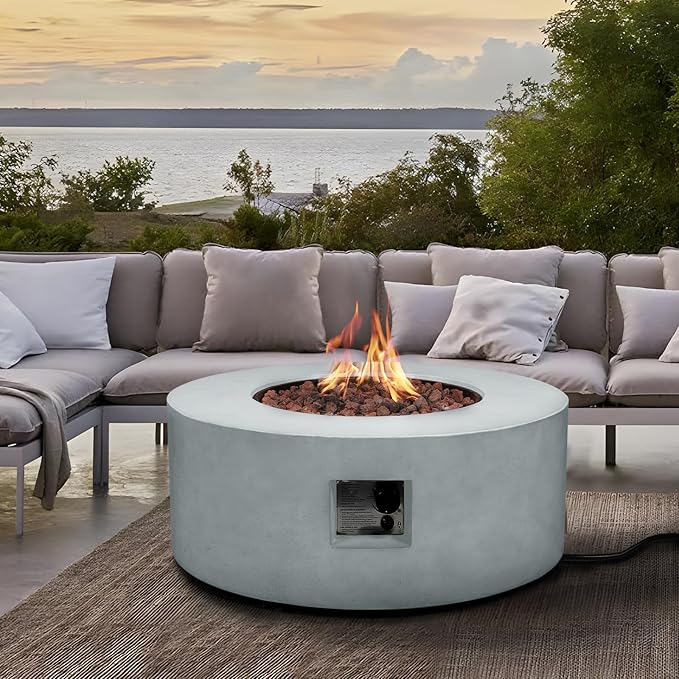 36" Round Propane Fire Pit Table,50,000 BTU Outdoor Concrete Gas Firepit with Lava Rocks & Rain Cover,Modern Patio Coffee Table for Backyard and Deck
