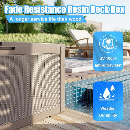 DRATO 320 Gallon Deck Box, Outdoor Large Waterproof Resin Storage Box with Lockable Lid for Patio Cushions, Gardening Tools, Light Brown