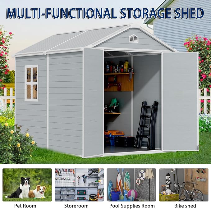 8x6 FT Resin Outdoor Storage Shed with Floor, Weather-Resistant Plastic Garden Shed with Windows, Lockable Door and Vents, Outside Tool Storage Sheds for Backyard, Garden, Lawn, Grey