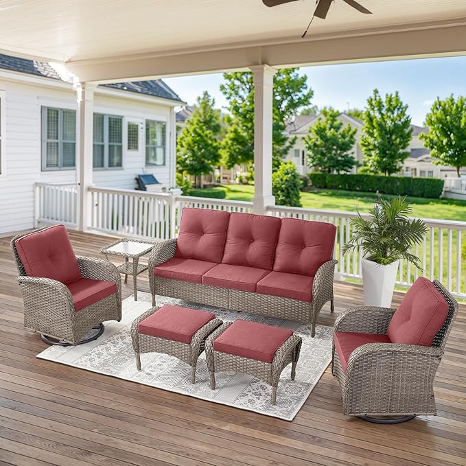 Belord 5 Pieces Wicker Patio Furniture Set - Swivel Rocker Outdoor Chairs with Ottomans and Side Table, Small Patio Conversation Set for Porch Deck Backyard Red