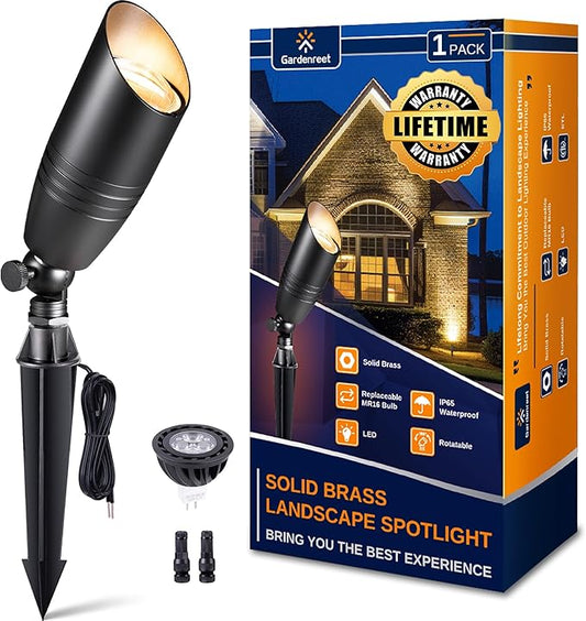 Gardenreet Landscape Spotlights Low Voltage - Brass 12V Outdoor Uplight LED, Wired Spot Lights IP65 Waterproof, Black for Exterior Garden Yard Tree House with 5W 2700K Warm White MR16 Bulb
