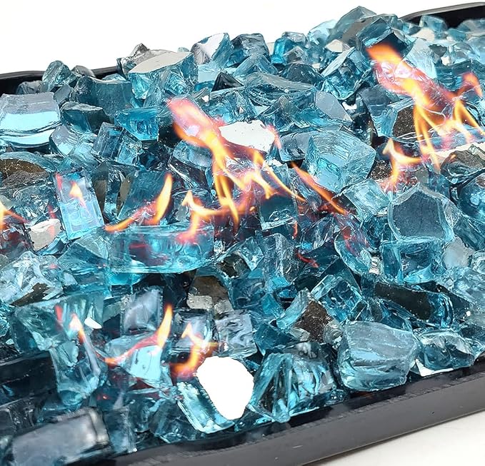 Fire Glass for Propane Fire Pit, 1/2 Inch High Reflective Fireplace Glass Rocks for Fire Pit Table, Fire Pit Glass Rocks for Outdoor Fire Table and Landscaping, 5 lbs, Aqua Blue