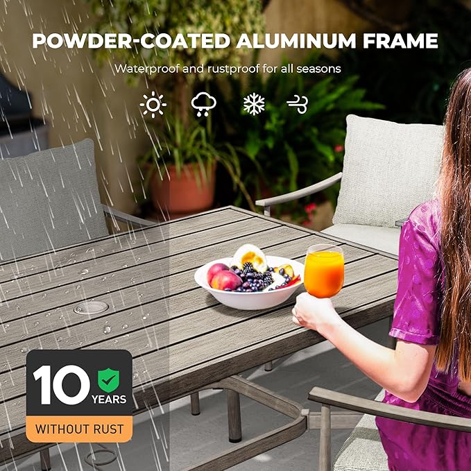 HAPPATIO 7-Piece Outdoor Dining Set for 6, Aluminum Patio Dining Set Includes 4 Dining Chairs, 2 Swivel Dining Chairs, and 1 Large Rectangular Table with Umbrella Hole, for Lawn Porch Backyard, Grey