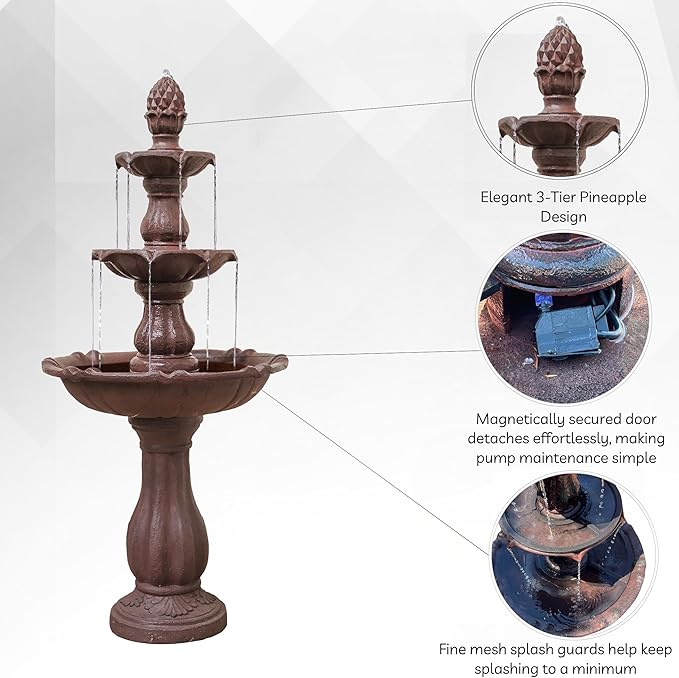 XBrand Outdoor Water Fountain 51 inch 3-Tier Garden Fountain with Pump, Weather Resistant Resin Patio & Yard Waterfall Feature - Brown