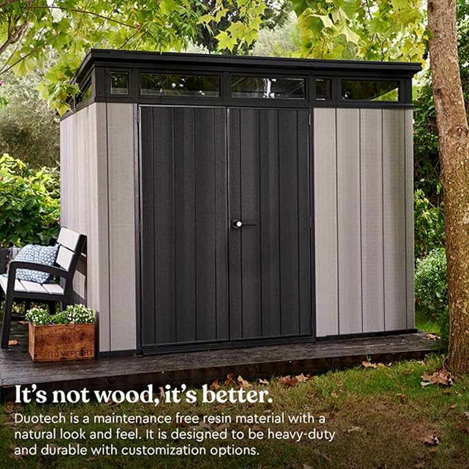 9x7 Ft All-Weather Storage Shed with Skylight,Window,Built-in Ventilation,Walls, & Lockable Double Doors for Patio Furniture Lawn Mower Tools and Bike Storage Lockable