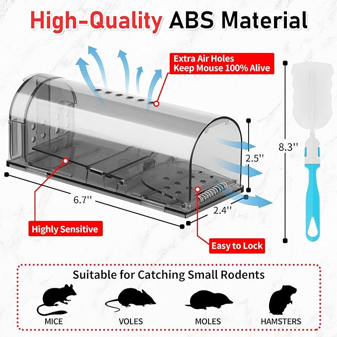 LULUCATCH Humane Mouse Traps 2 Pack, Live Mouse Traps, Catch Release Mouse Traps Indoor for Home, No Kill Mole Squirrel Rat Traps for House & Outdoors, Pet Safe, Grey