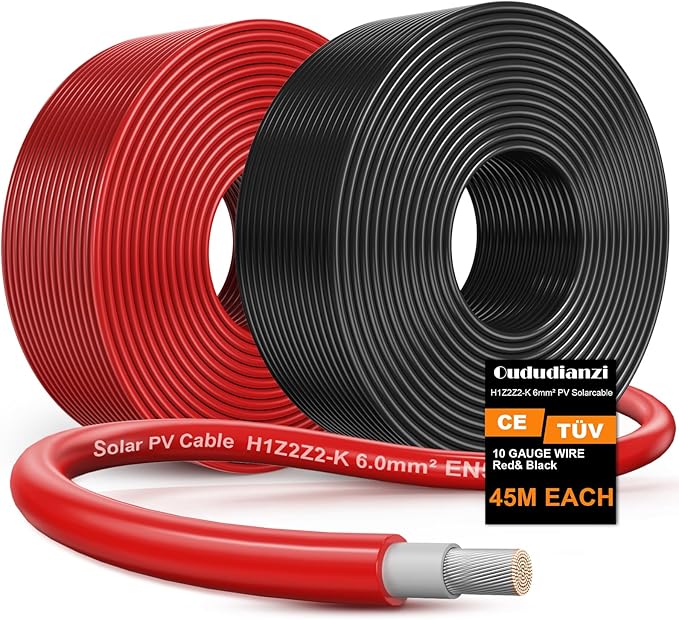 Oududianzi 2x150 Feet Solar Panel Wire, 10AWG Solar Wire Tinned Copper 10 Gauge PV Cable, for Outdoor Automotive RV Boat Marine (150FT Red + 150FT Black)