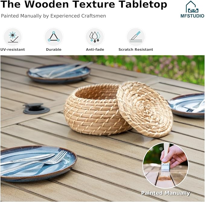 MFSTUDIO Outdoor Patio Dining Table for 6, Rectangle Metal Patio Table 64"x38" Wood-Like Tabletop with Adjustable Umbrella Hole for Deck,Backyard,Lawn,Garden