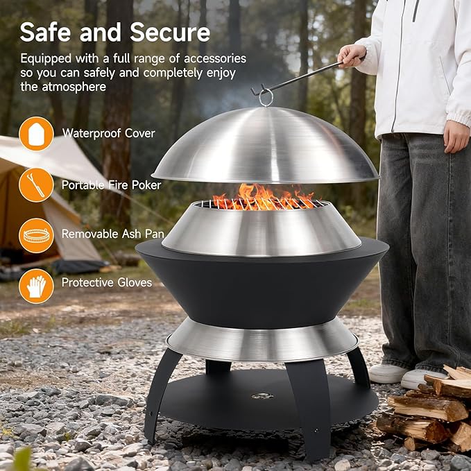ONBRILL 26 Inch Smokeless Firepit, Outdoor Fire Pit with Waterproof Lid, Removable Ash Pan, Handbag, 2 in 1 Stainless Steel Potable Fire Pits for Outside Wood Burning, Bonfire, Camping, Picnic, Black