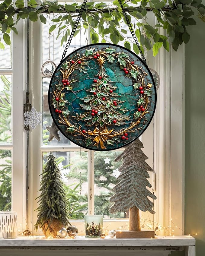 DASTOLL Stained Glass Window Hangings - Red Gold Green Wreath Suncatcher for Door Home Christmas Tree Decoration Sun Catcher Thanksgiving New Year Birthday Gift for Women Men Mom Grandma 15 in