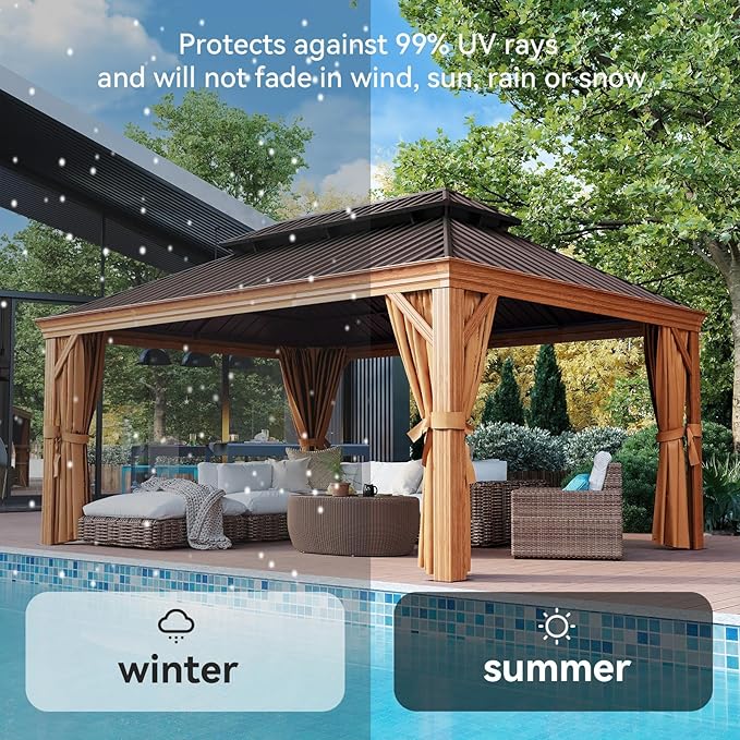 Aoxun Hardtop Gazebo, 12 x 16ft Wooden Finish Coated Aluminum Frame Canopy, Galvanized Steel Double Top, Outdoor Permanent Metal Pavilion with Curtains and Netting, for Backyard, Patio and Deck