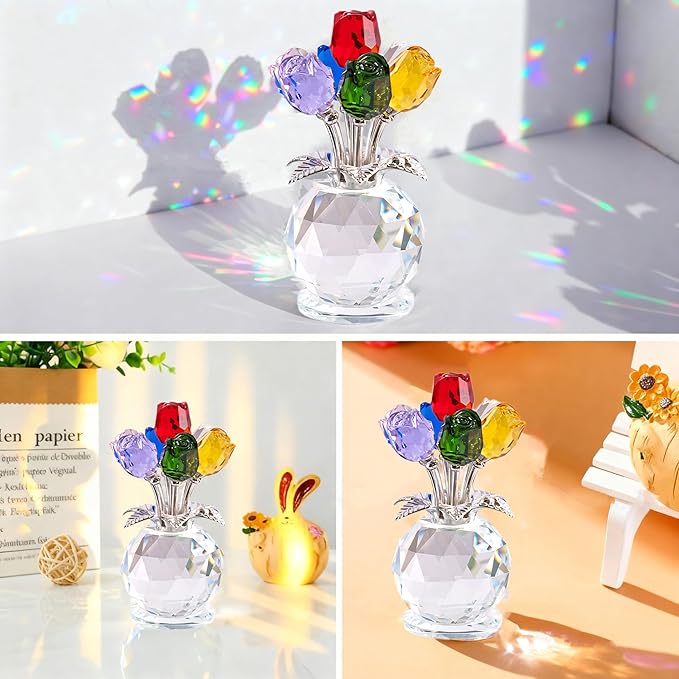 Crystal Colorful Roses Collectible Figurine,Valentines Gifts for Women Mom Girlfriend Wife Bouquet Figurines Artificial Glass Crysta Flowers, Mother's Day Birthday