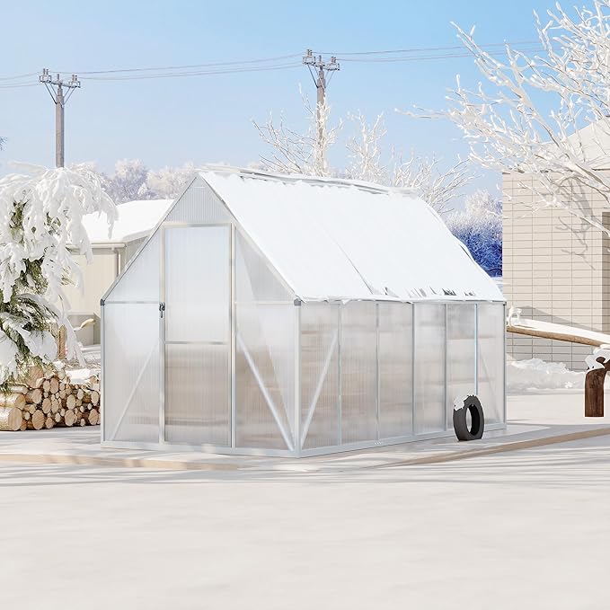 Polycarbonate Greenhouse for Outdoors, Large Walk-InGreenhouse with Quick Setup Structure and Roof Vent, Greenhouse with Ventilation