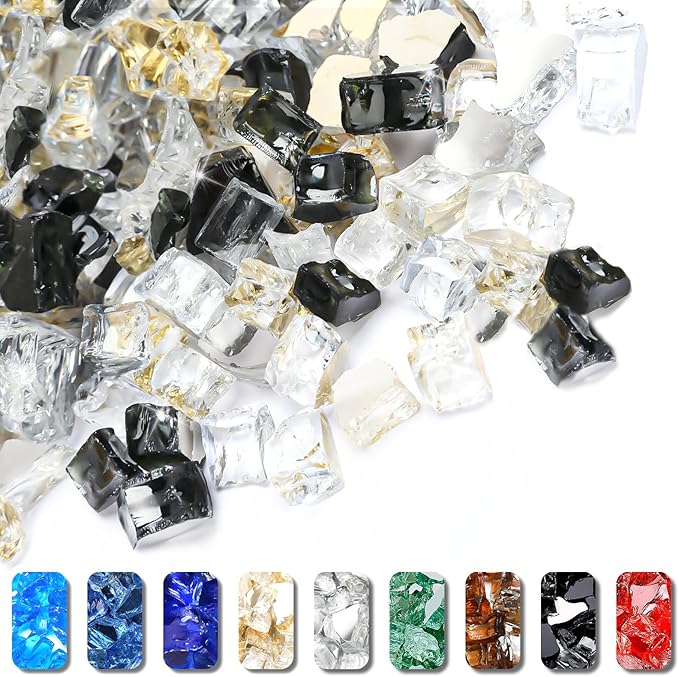 GRISUN 20 Pounds Fire Glass for Fire Pit - 1/2 inch High Luster Reflective Tempered Glass Rocks, Decorative for Natural or Propane Fireplace, Blend of Ultra Clear, Gold, Black