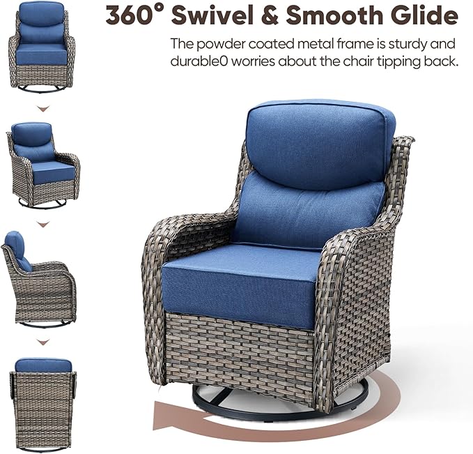 Swivel Patio Chairs Set of 2, High Back Comfortable Outdoor Glider Chairs, 6" Thick Cushion, Wicker, Gray, Blue Cushion